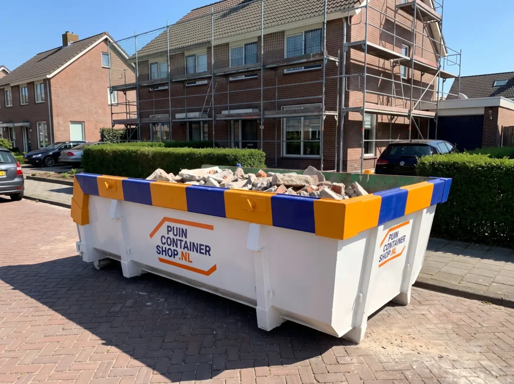 Container huren in Aalsmeer: afzetcontainer van Puincontainershop.nl op een oprit bij een woning