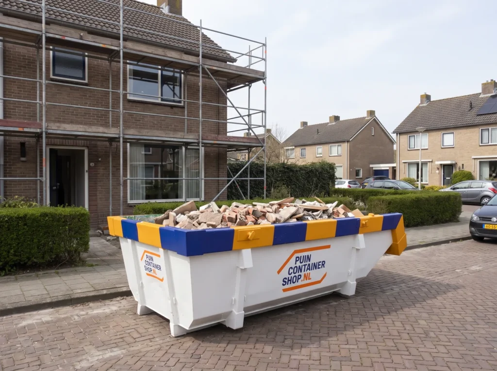Container huren in Alkmaar: afzetcontainer van Puincontainershop.nl op een oprit bij een woning