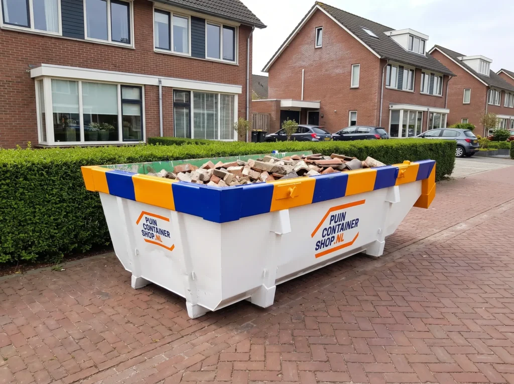 Container huren in Almere: afzetcontainer van Puincontainershop.nl op een oprit bij een moderne woning.