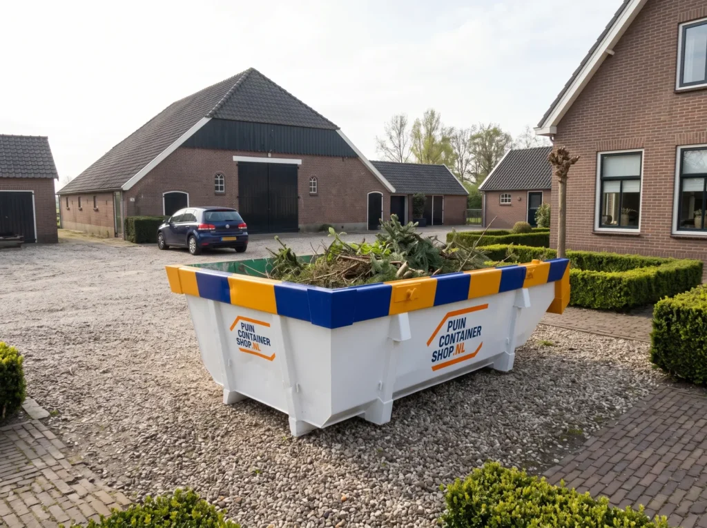 Container huren in Alphen aan den Rijn: afzetcontainer van Puincontainershop.nl op een oprit bij een woning