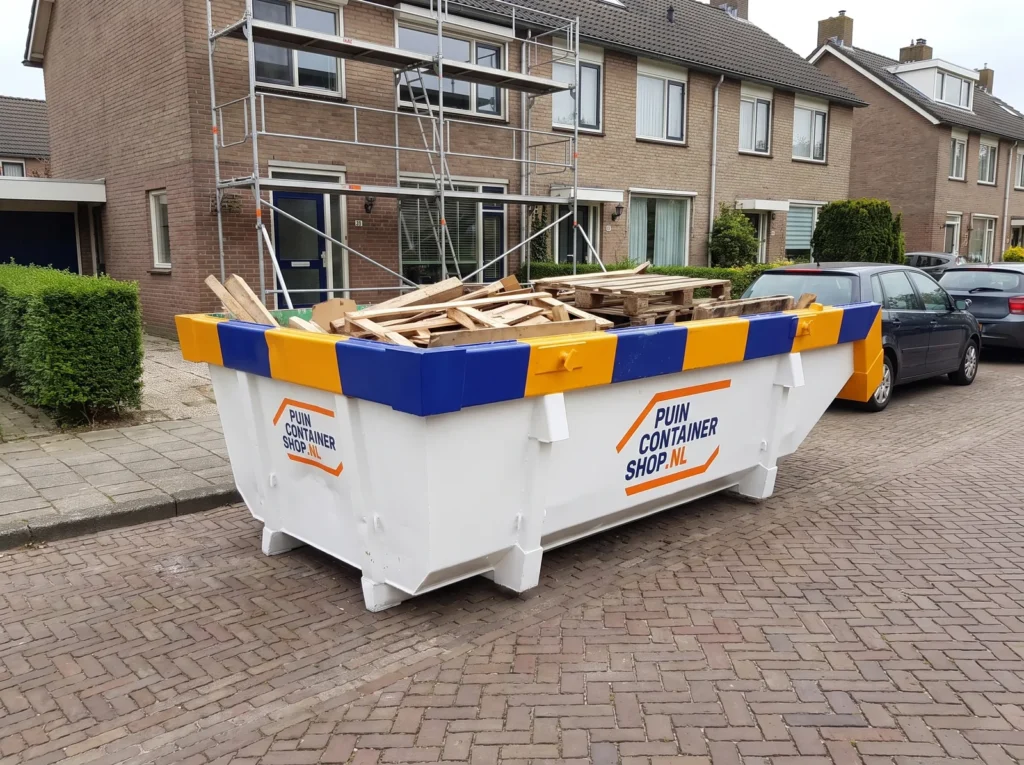 Container huren in Amstelveen: afzetcontainer van Puincontainershop.nl op een oprit bij een woning