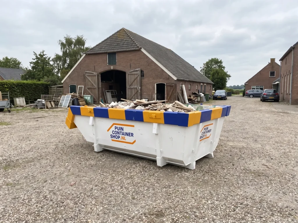 Container huren in Amsterdam: afzetcontainer van Puincontainershop.nl in een parkeerstrook bij woningen
