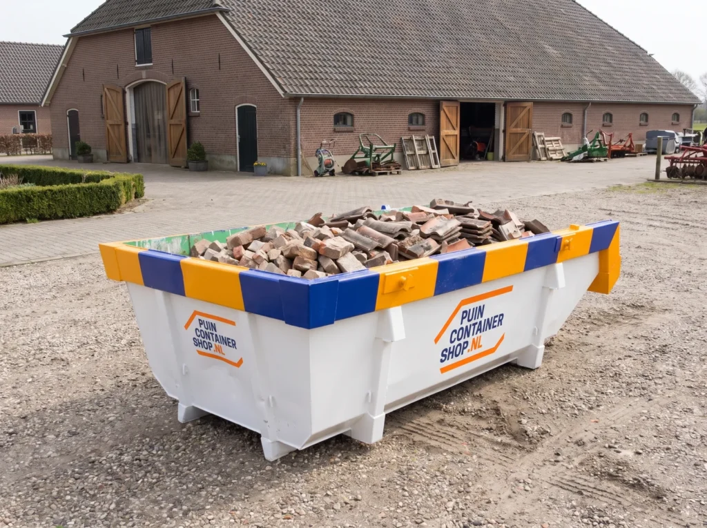 Container huren in Apeldoorn: afzetcontainer van Puincontainershop.nl op een oprit bij een woning
