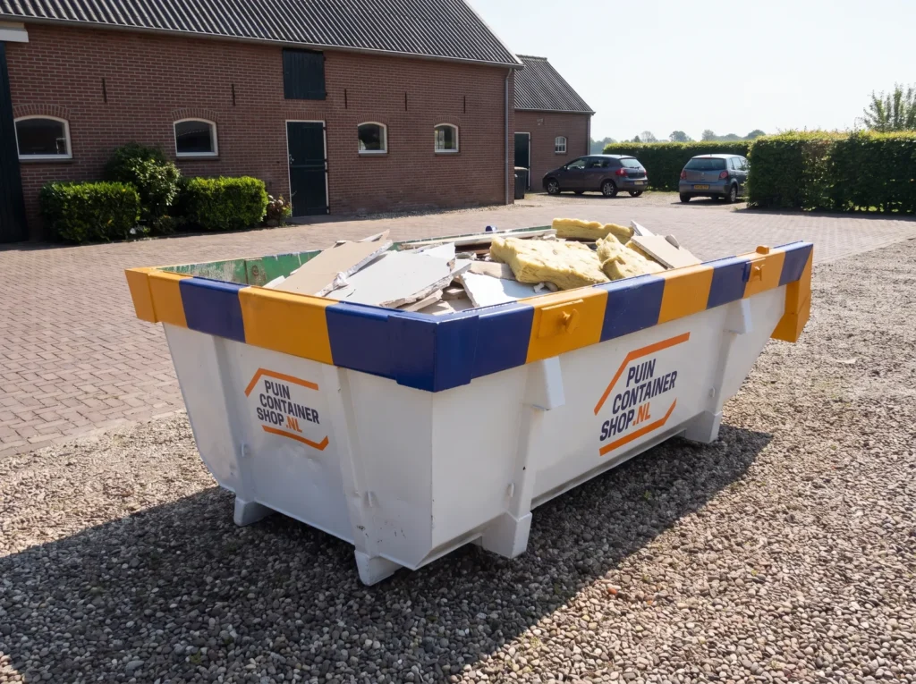 Container huren in Assen: afzetcontainer van Puincontainershop.nl op een oprit bij een woning