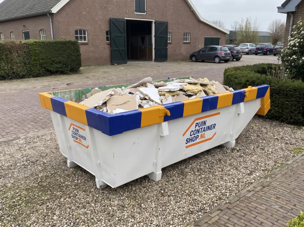 Container huren in Barendrecht: afzetcontainer van Puincontainershop.nl op een oprit bij een woning