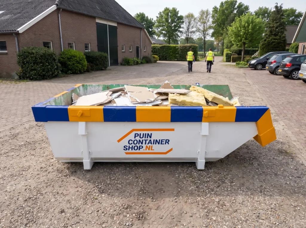 Container huren in Barneveld: afzetcontainer van Puincontainershop.nl bij een woning.