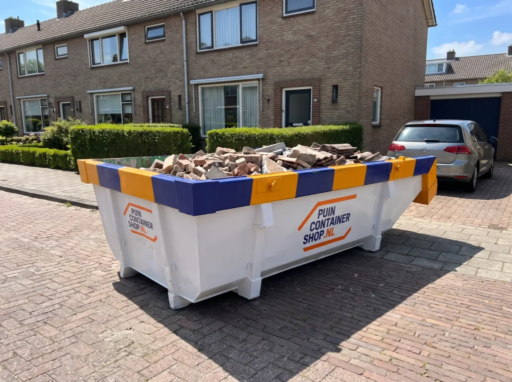 Container huren in Beverwijk: afzetcontainer van Puincontainershop.nl op een oprit bij een woning