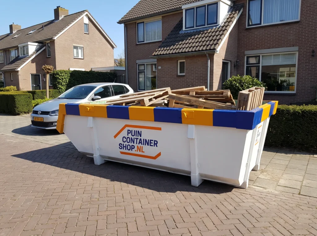Container huren in Bilthoven: afzetcontainer van Puincontainershop.nl op een oprit bij een villa