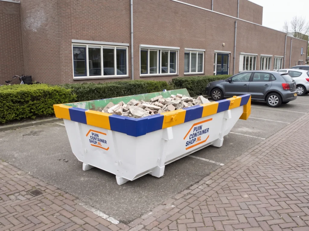Container huren in Bodegraven: afzetcontainer van Puincontainershop.nl op een oprit bij een woning