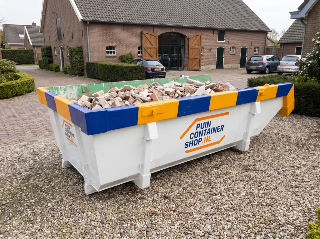 Container huren in Boxtel: afzetcontainer van Puincontainershop.nl op een oprit bij een woning