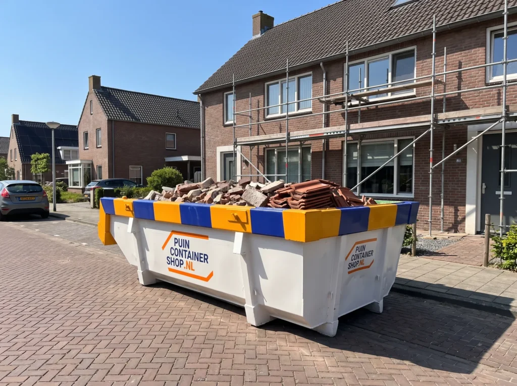 Container huren in Breda: afzetcontainer van Puincontainershop.nl op een oprit bij een woning