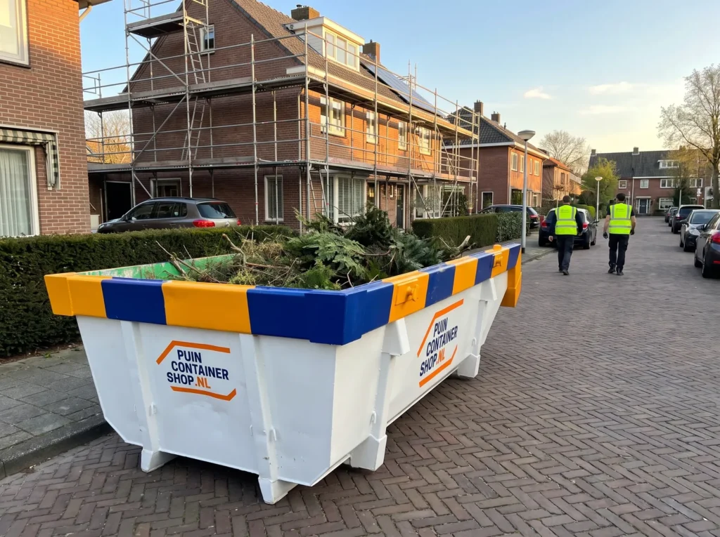 Container huren in Bussum: afzetcontainer van Puincontainershop.nl op een oprit bij een woning in het Gooi