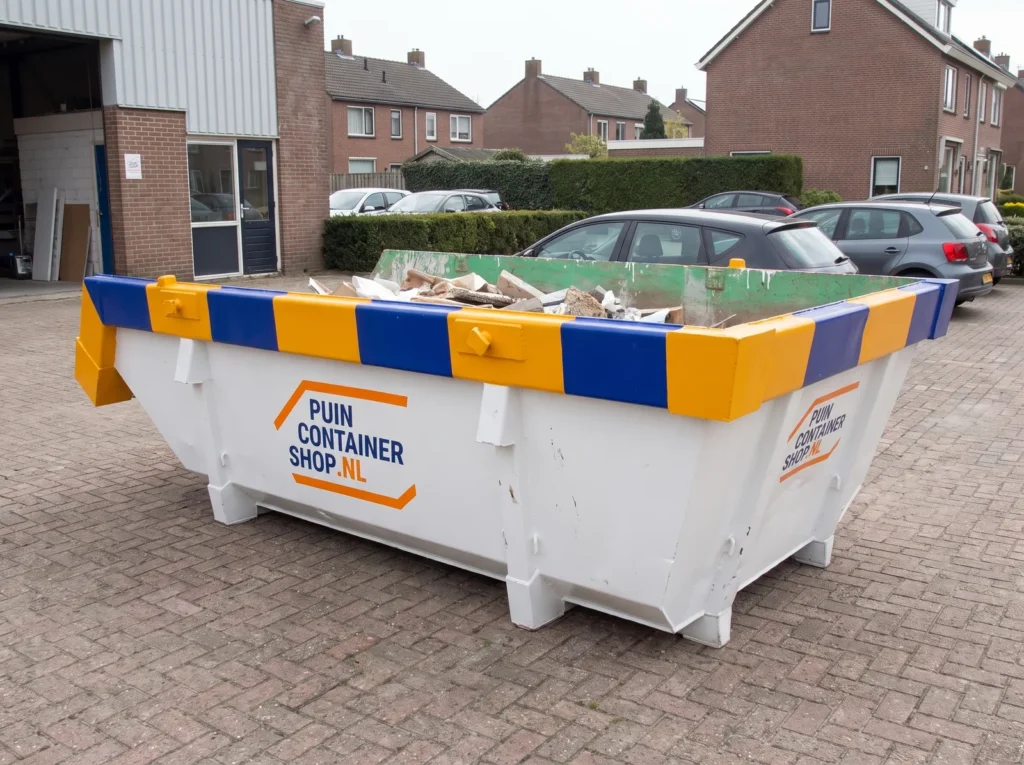 Container huren in Castricum: afzetcontainer van Puincontainershop.nl op een oprit bij een woning