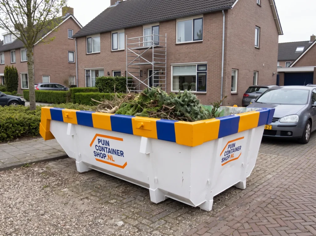 Container huren in Culemborg: afzetcontainer van Puincontainershop.nl op een oprit bij een woning