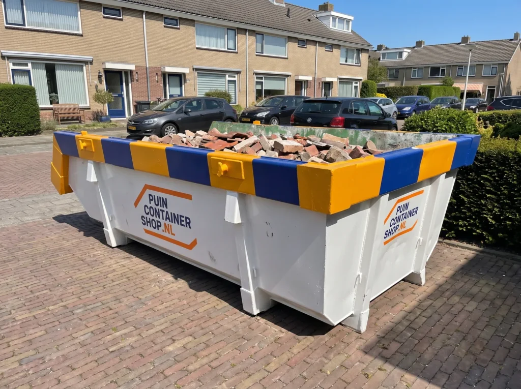 Container huren in Delft: afzetcontainer van Puincontainershop.nl in een woonstraat