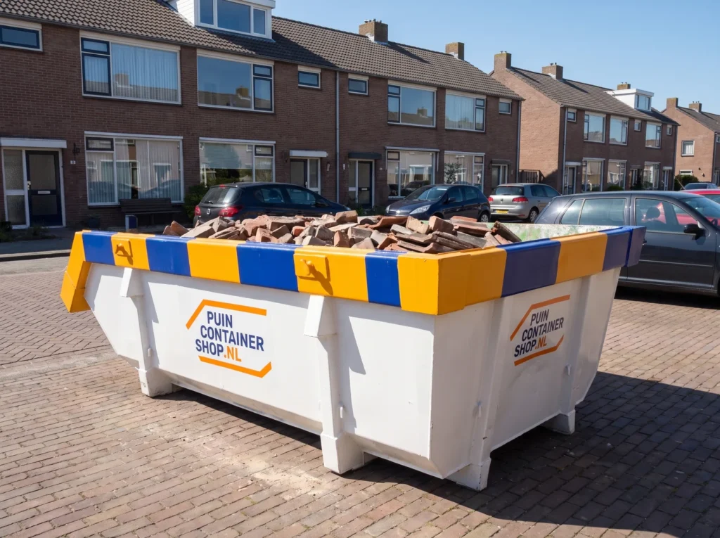 Container huren in Den Helder: afzetcontainer van Puincontainershop.nl op een oprit bij een woning