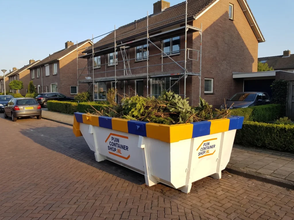 Container huren in Deurne: afzetcontainer van Puincontainershop.nl op een oprit bij een woning