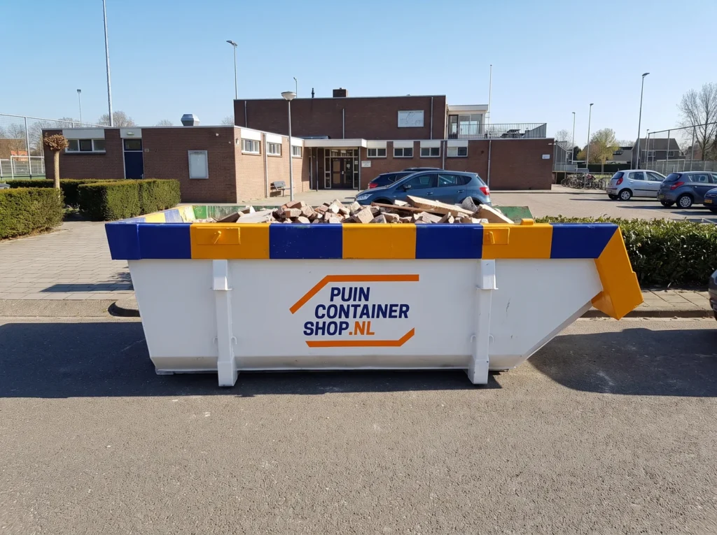Container huren in Deventer: afzetcontainer van Puincontainershop.nl op een oprit bij een woning