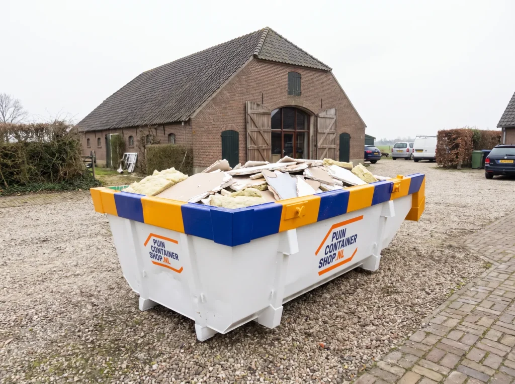 Container huren in Dongen: afzetcontainer van Puincontainershop.nl op een oprit bij een woning