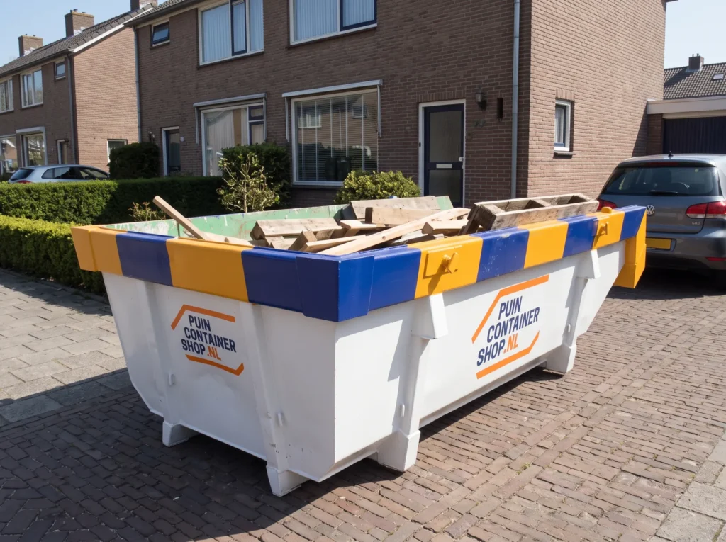 Container huren in Dordrecht: afzetcontainer van Puincontainershop.nl op een oprit bij een woning
