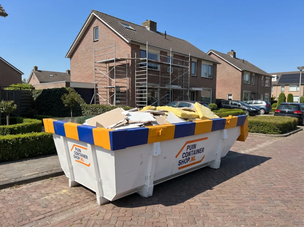 Container huren in Drachten: afzetcontainer van Puincontainershop.nl op een oprit bij een woning