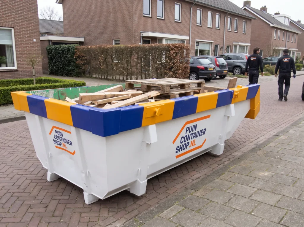 Container huren in Driebergen: afzetcontainer van Puincontainershop.nl op een ruime oprit bij een vrijstaande woning