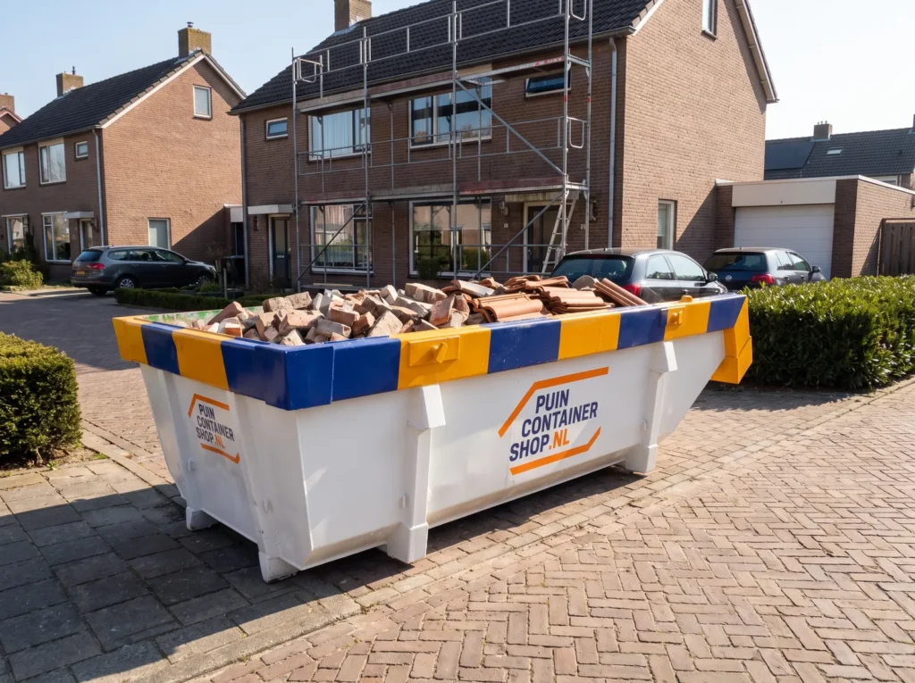 Container huren in Dronten: afzetcontainer van Puincontainershop.nl op een oprit bij een woning