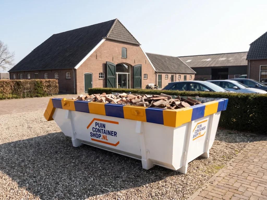 Container huren in Ede: afzetcontainer van Puincontainershop.nl op een oprit bij een woning