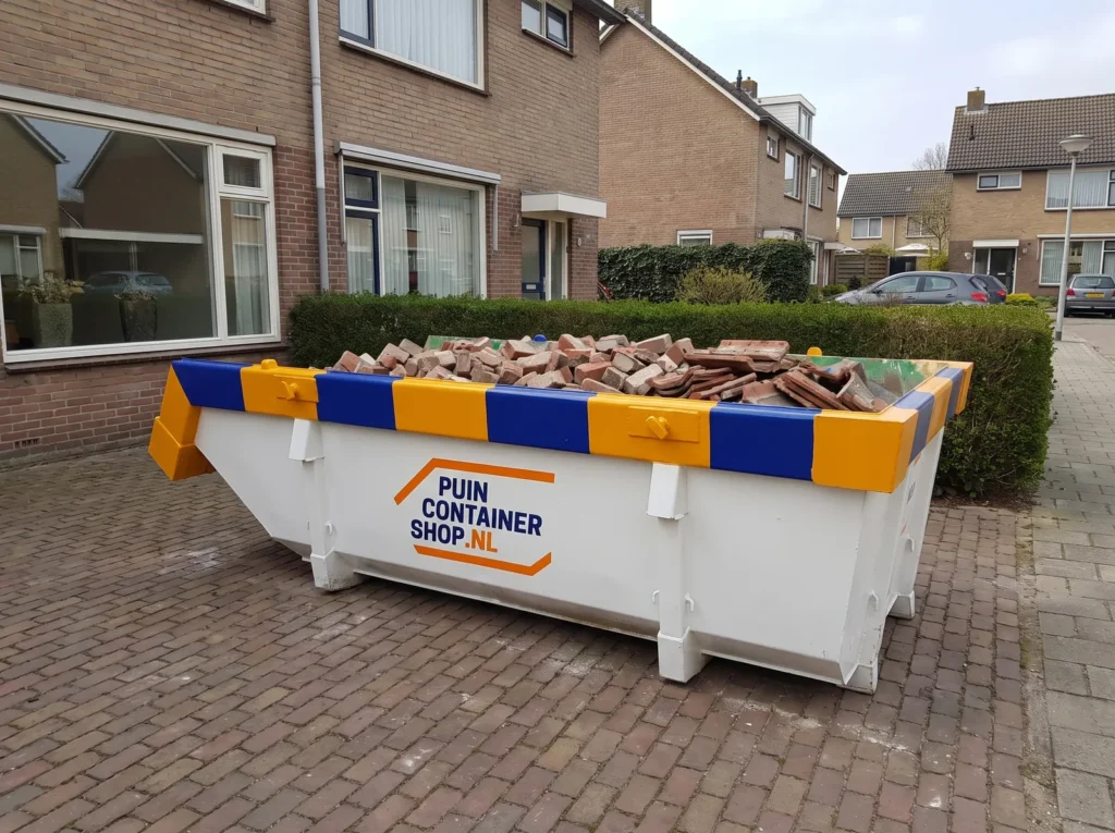 Container huren in Eindhoven: afzetcontainer van Puincontainershop.nl op een oprit bij een woning