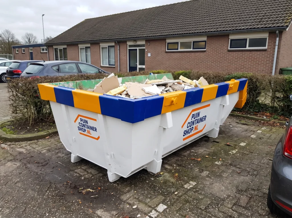 Container huren in Elst: afzetcontainer van Puincontainershop.nl op een oprit bij een woning
