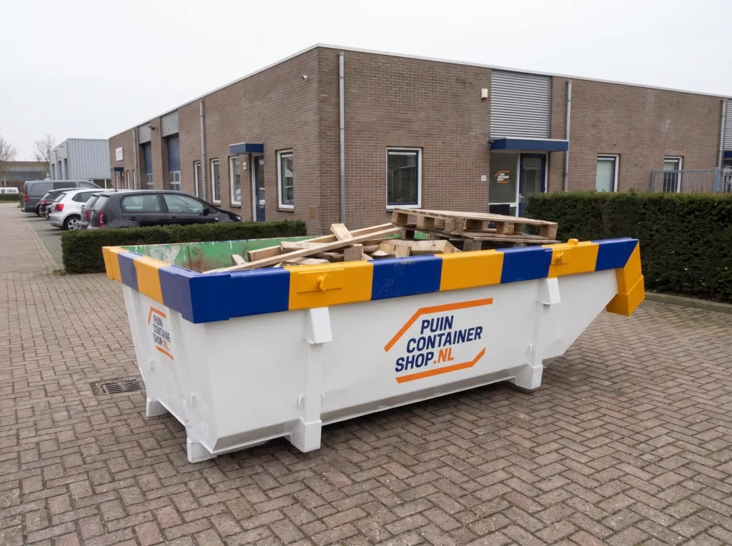 Container huren in Emmeloord: afzetcontainer van Puincontainershop.nl op een oprit bij een woning in de Noordoostpolder