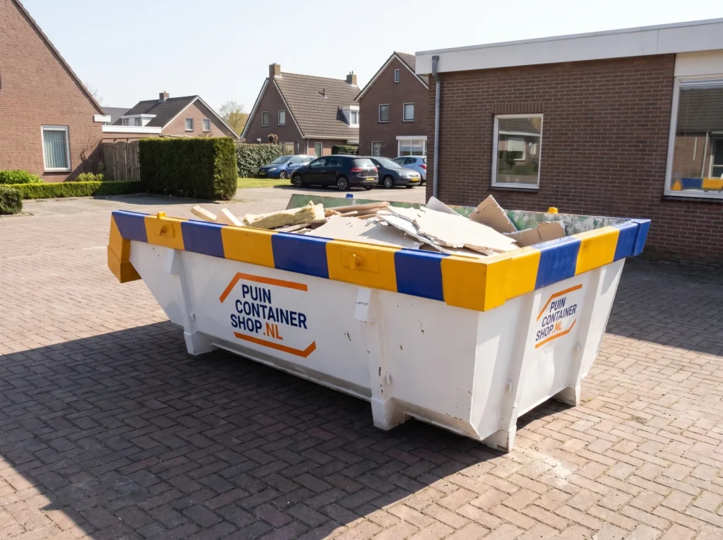 Container huren in Emmen: afzetcontainer van Puincontainershop.nl op een oprit bij een woning