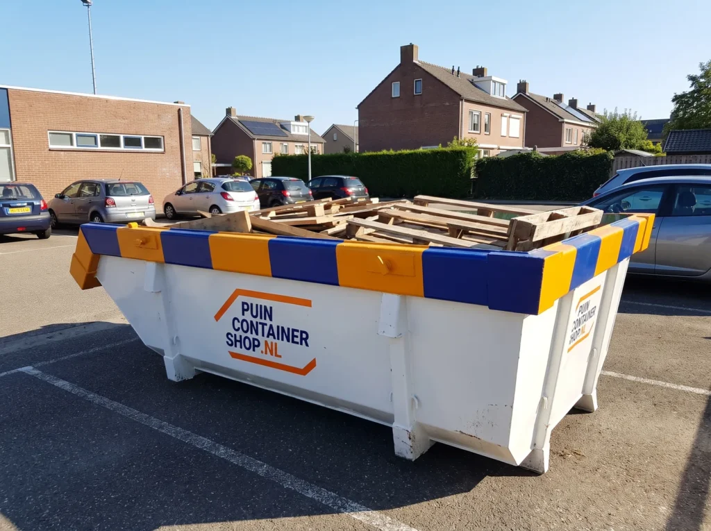 Container huren in Etten-Leur: afzetcontainer van Puincontainershop.nl op een oprit bij een woning