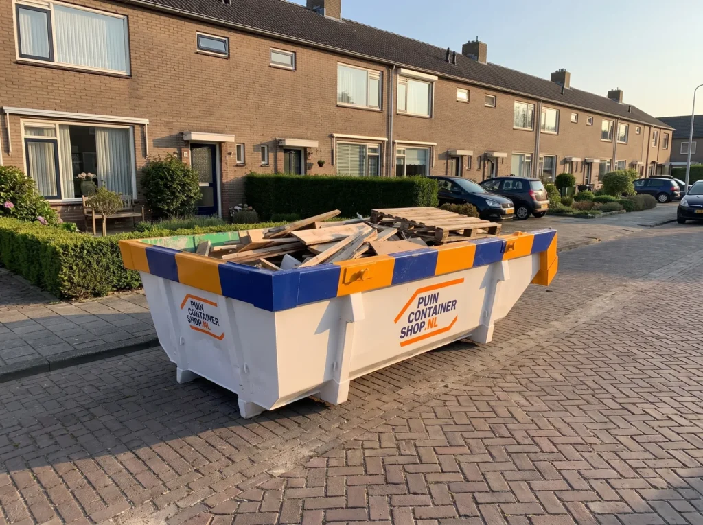 Container huren in Goes: afzetcontainer van Puincontainershop.nl op een oprit bij een woning