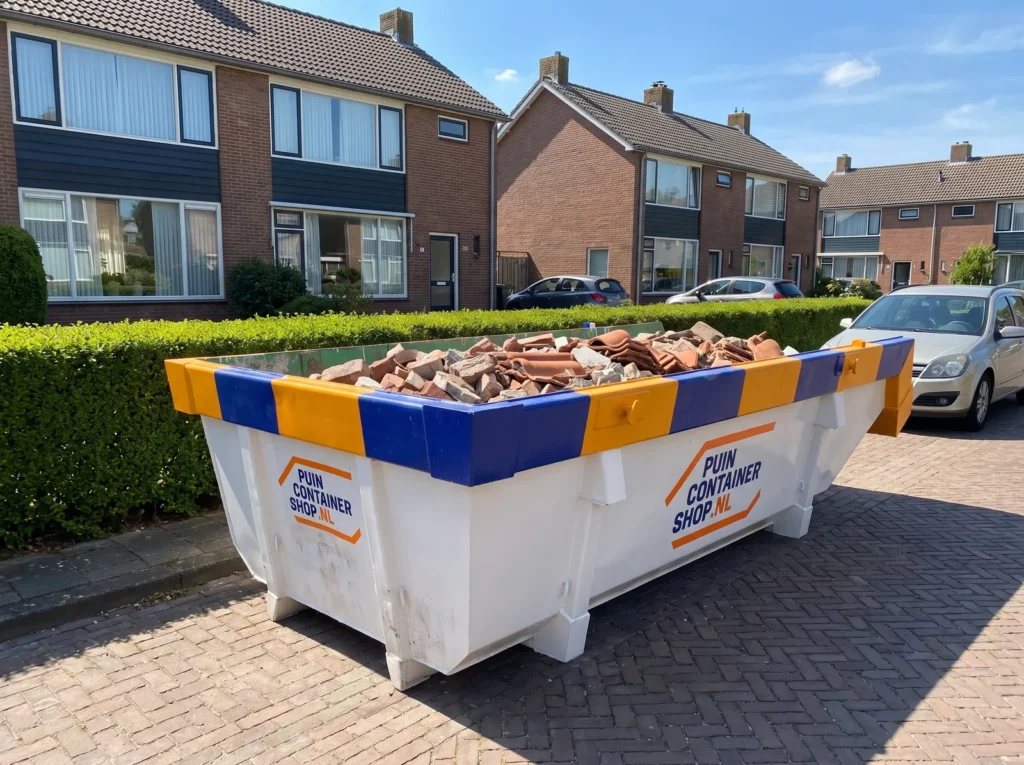 Container huren in Gorinchem: afzetcontainer van Puincontainershop.nl op een oprit bij een woning