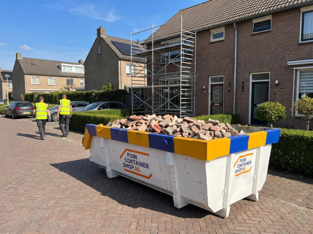Container huren in Gouda: afzetcontainer van Puincontainershop.nl in een smalle straat met rijwoningen
