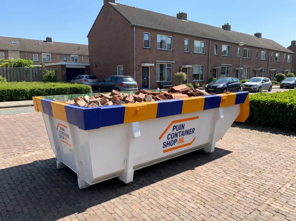 Container huren in Groningen: afzetcontainer van Puincontainershop.nl op een oprit bij een woning