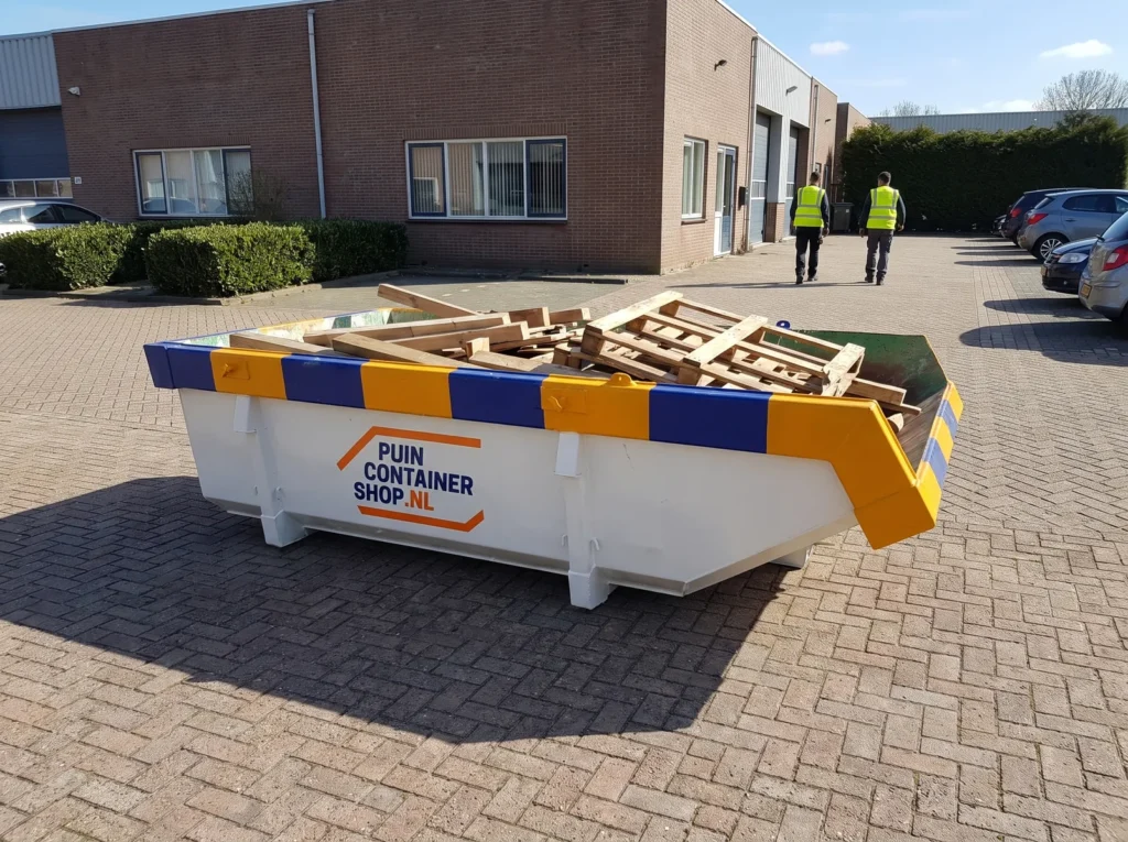 Container huren in Haarlem: afzetcontainer van Puincontainershop.nl op een oprit bij een woning