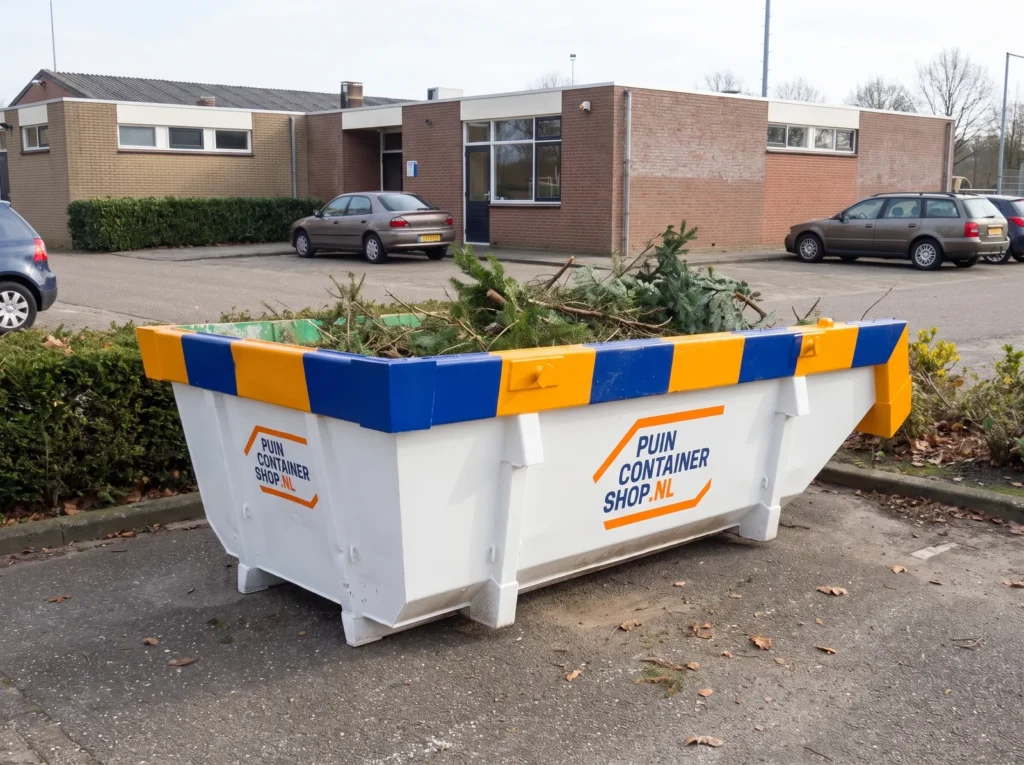 Container huren in Hardenberg: afzetcontainer van Puincontainershop.nl op een oprit bij een woning