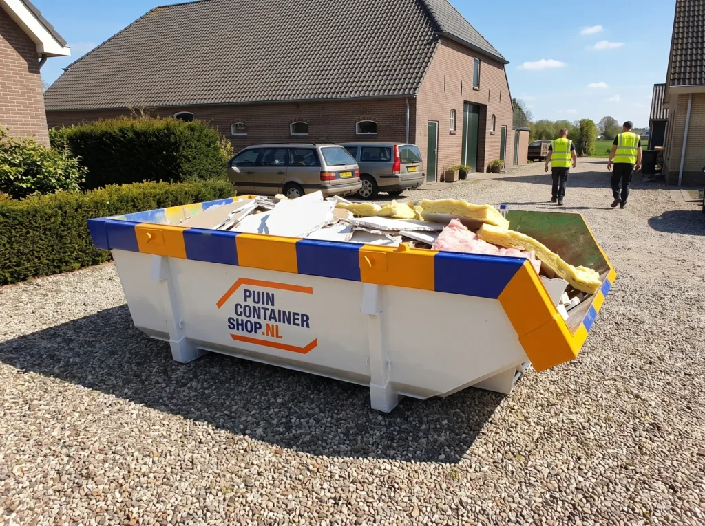 Container huren in Harderwijk: afzetcontainer van Puincontainershop.nl op een oprit bij een woning