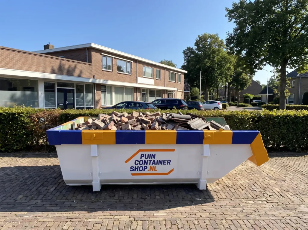 Container huren in Heemstede: afzetcontainer van Puincontainershop.nl op een oprit bij een woning