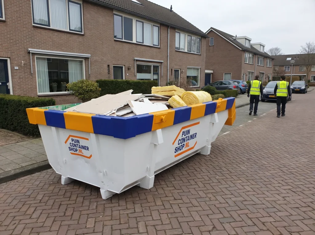 Container huren in Heerenveen: afzetcontainer van Puincontainershop.nl op een oprit bij een woning