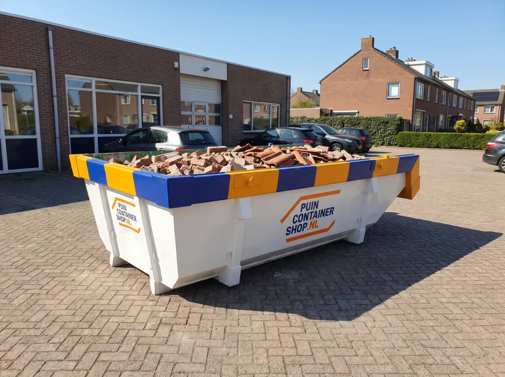 Container huren in Heerhugowaard: afzetcontainer van Puincontainershop.nl op een oprit bij een woning