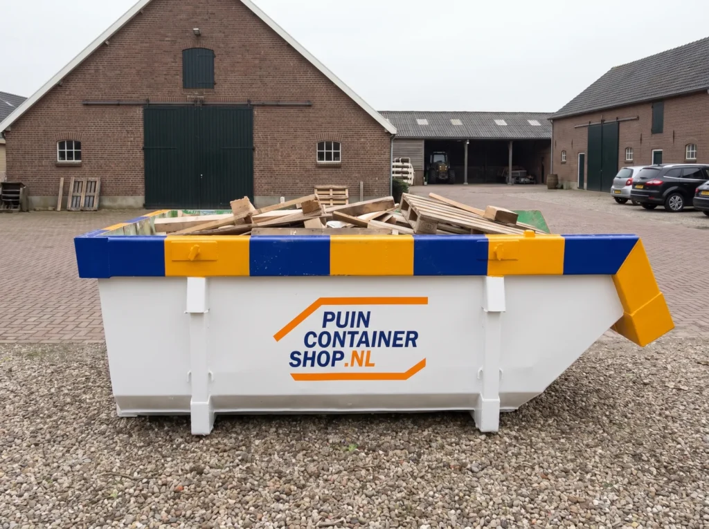 Container huren in Heerlen: afzetcontainer van Puincontainershop.nl op een oprit bij een woning