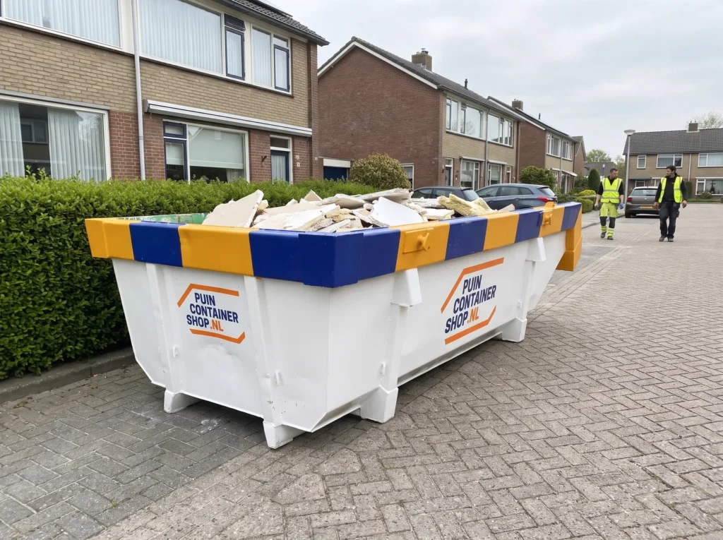 Container huren in Hellevoetsluis: afzetcontainer van Puincontainershop.nl op een oprit bij een woning