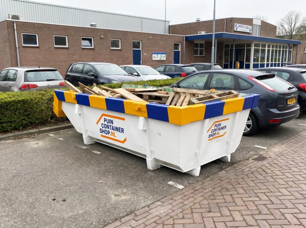 Container huren in Helmond: afzetcontainer van Puincontainershop.nl op een oprit bij een woning