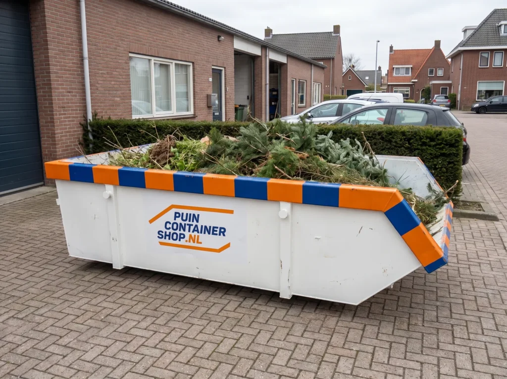 Container huren in Hengelo: afzetcontainer van Puincontainershop.nl op een oprit bij een woning
