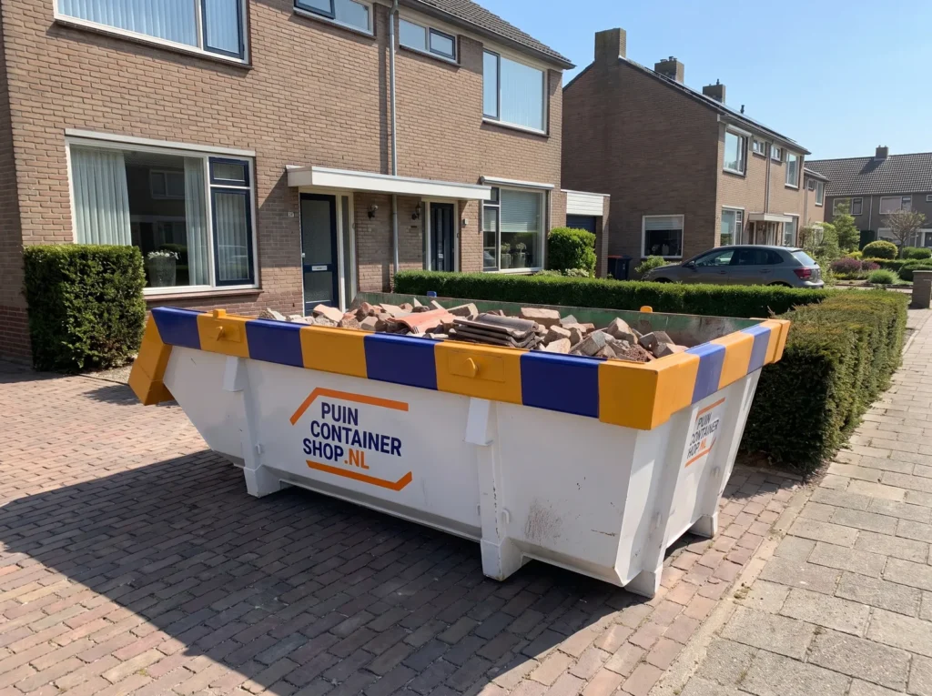 Container huren in Hillegom: afzetcontainer van Puincontainershop.nl op een oprit bij een woning