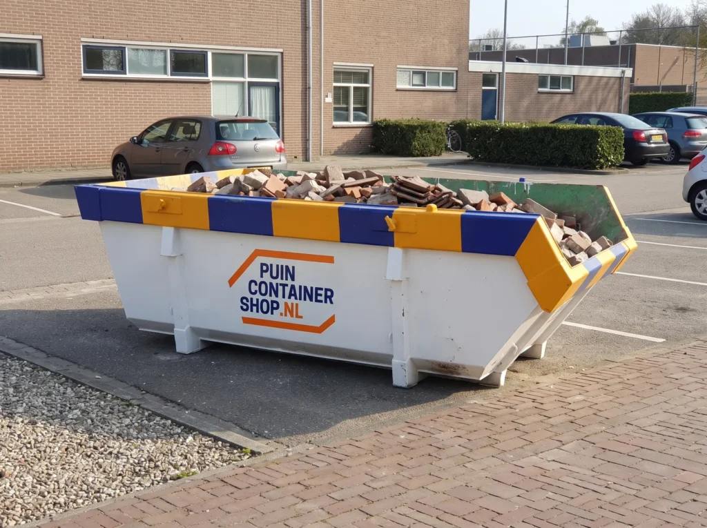 Container huren in Hilversum: afzetcontainer van Puincontainershop.nl op een oprit bij een woning