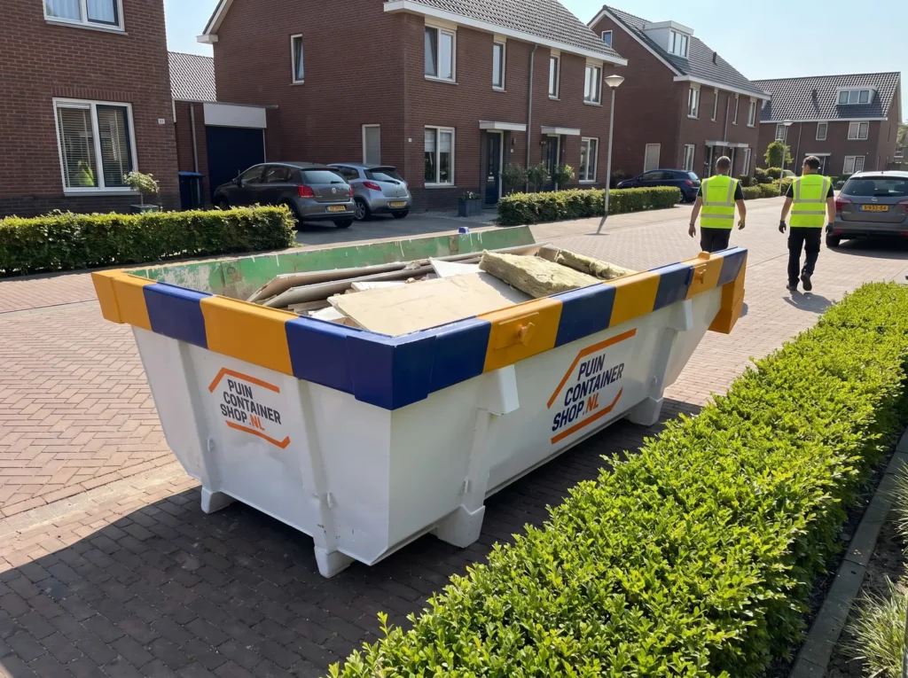 Container huren in Hoofddorp: afzetcontainer van Puincontainershop.nl op een oprit bij een woning